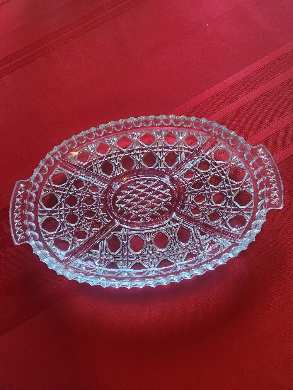 Vintage Clear Cut Heavy Glass Style Oval Divided Relish Dish with Handles
